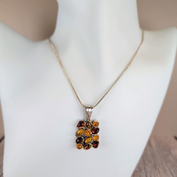 Unique Sterling Silver Pendant Necklace With Multicolor Baltic Amber Stones - Picture 1 of 9